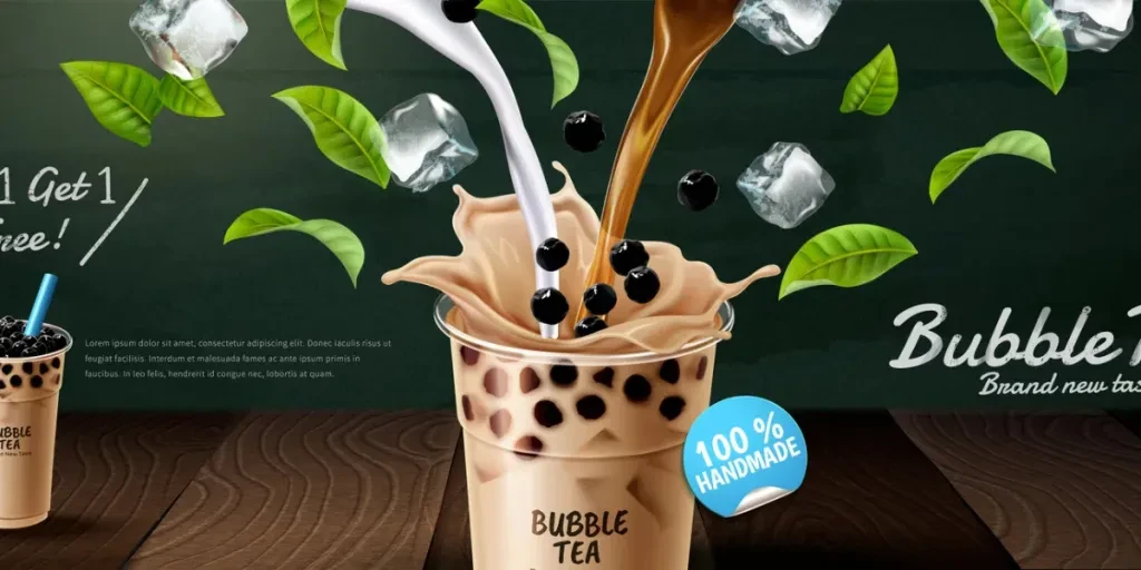 Bubble tea banner ads with pouring milk and green leaves