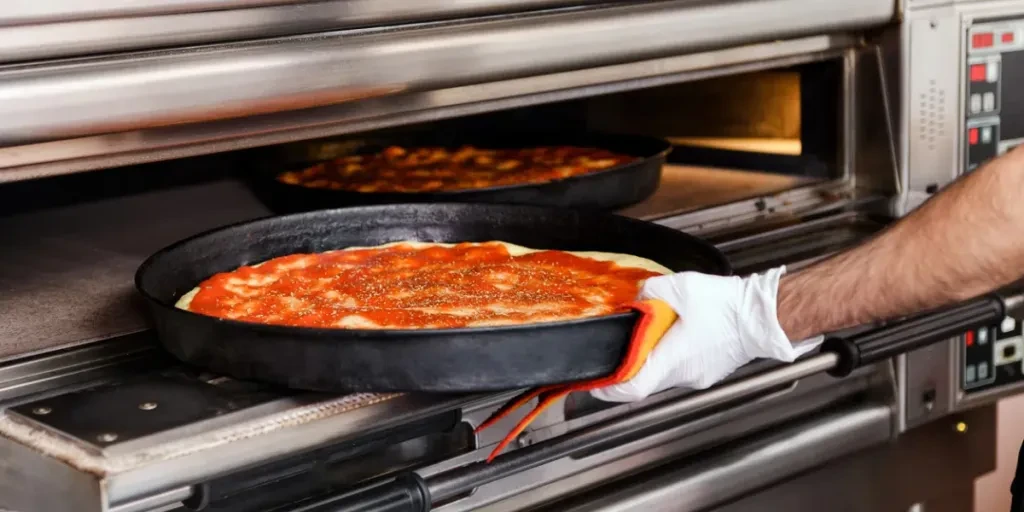 Chef placing a pizza on a baking tray into an oven at a pizzeria or restaurant in a close up view on his gloved hand and the food