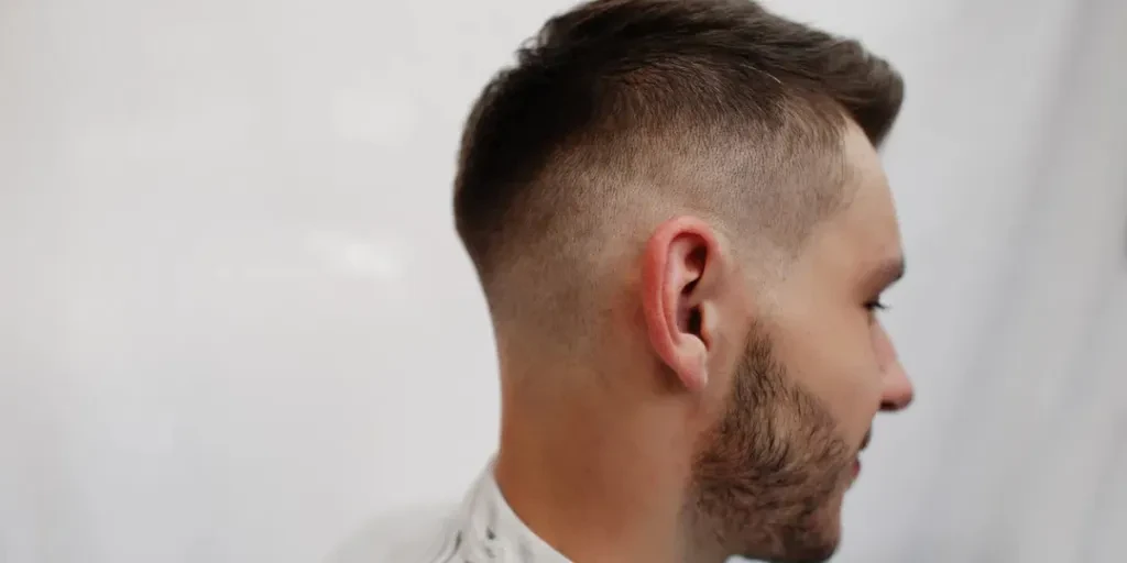 Close up head of young bearded man getting haircut at barbershop