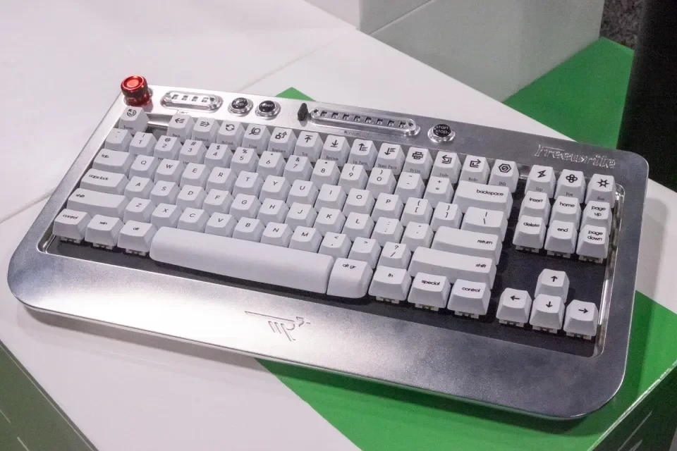 Close-up of Wordrunner keyboard with retro design.