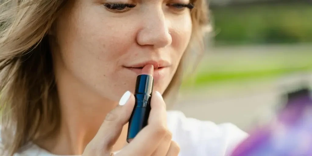 Close-up of a woman applying lipstick outdoors with a natural background