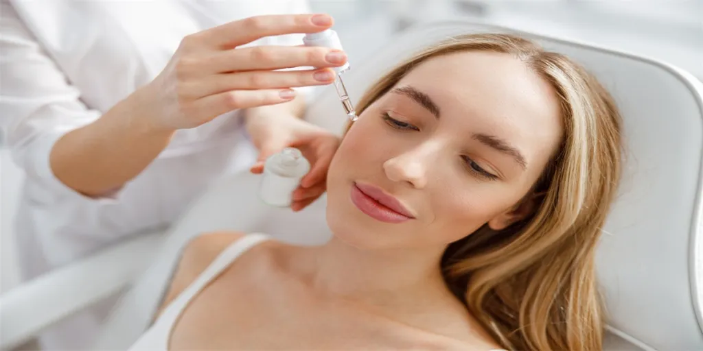 Close up of beautician hand holding bottle of essential oil and pipette while pouring skincare serum on woman cheek in beauty salon