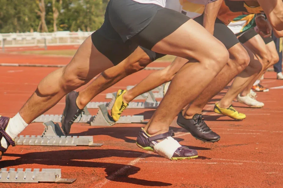 Close up of runners feet on the track field