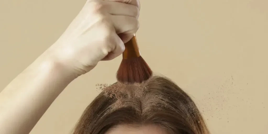 Close up view at woman applaying natural dry shampoo on hair roots