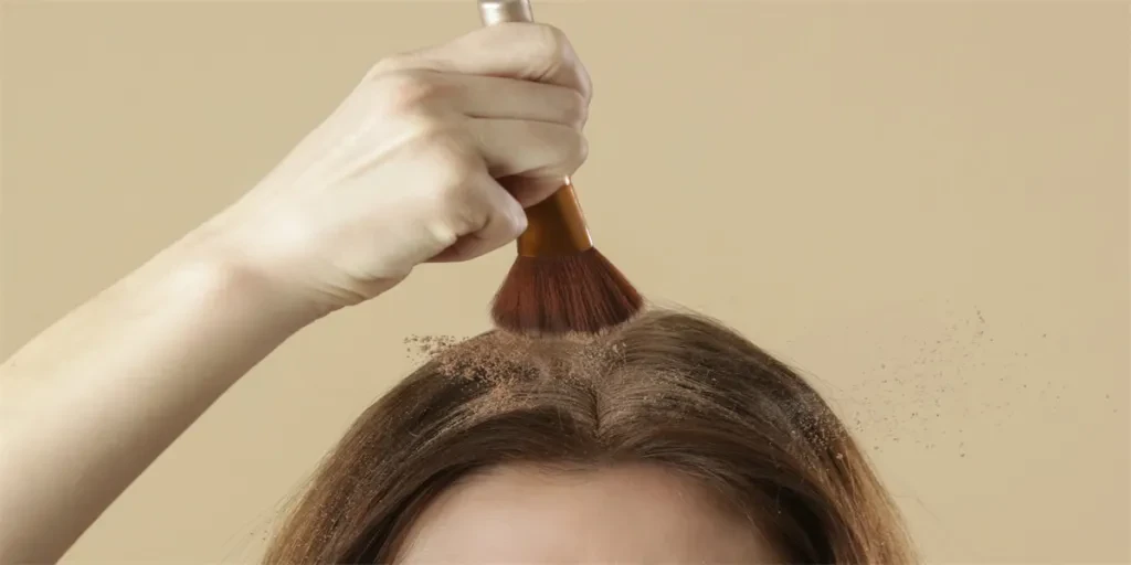 Close up view at woman applaying natural dry shampoo on hair roots