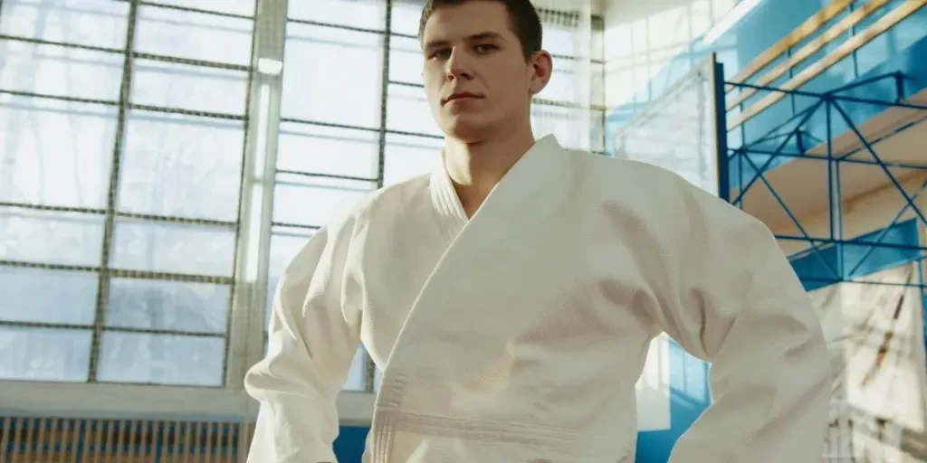 Confident young male athlete wearing a judo uniform inside a bright gym