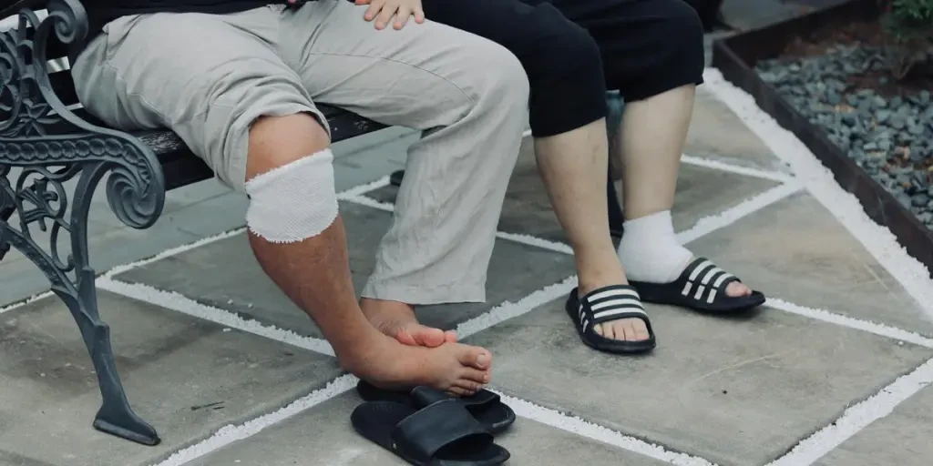 Couple sitting on a bench with bandaged legs, outdoors in a patio setting, indicating leg injuries