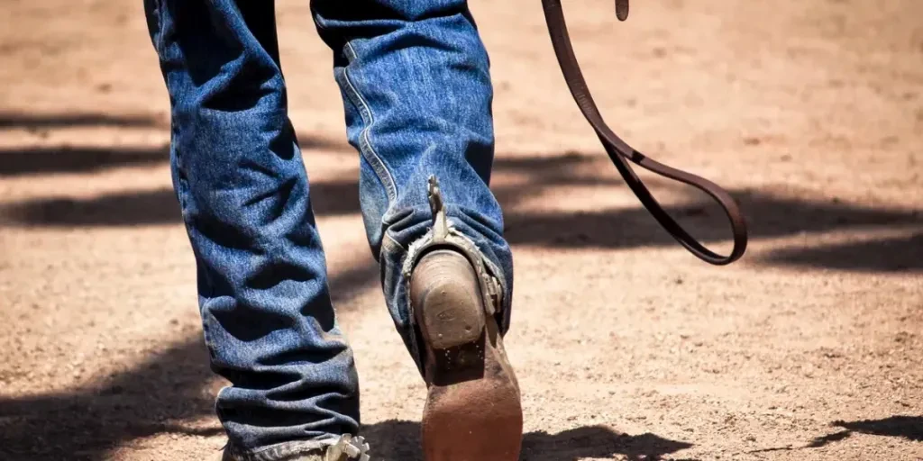 Cowboy in bluejeans and spurs walking