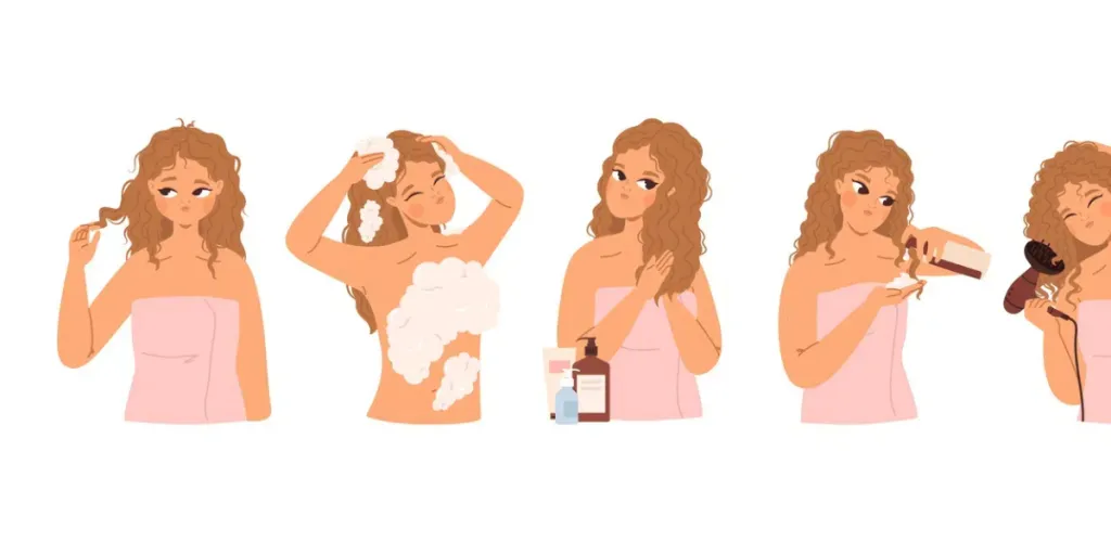 Curly hair step by step. Cute girl caring hair