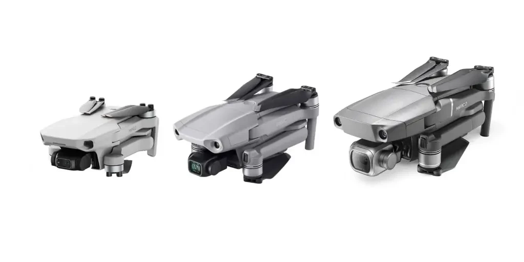 DJI Mini, DJI Air 2, DJI Mavic 2 from left to right