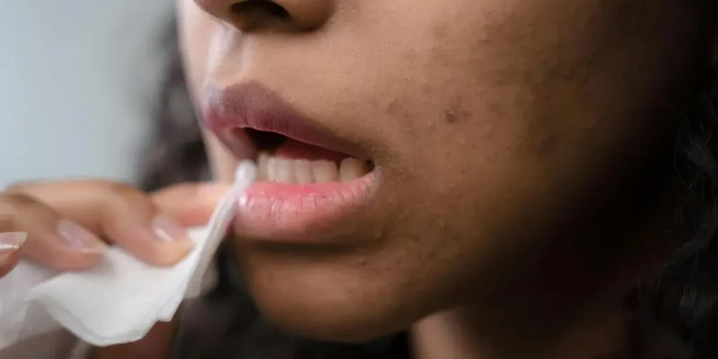 Detailed close-up of a woman wiping her lips, showing skin texture and care