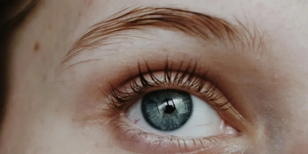 Detailed close-up shot of a blue eye with natural eyelashes and eyebrow, showcasing vivid detail