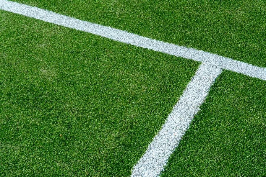 Detailed view of white lines on a green grass tennis court surface