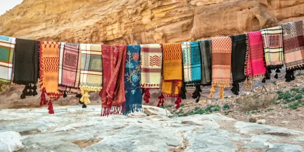 Different colors of Arabian shemagh scarf on the rope