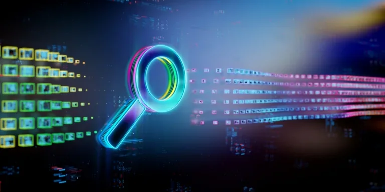 Digital search icon on future tech background