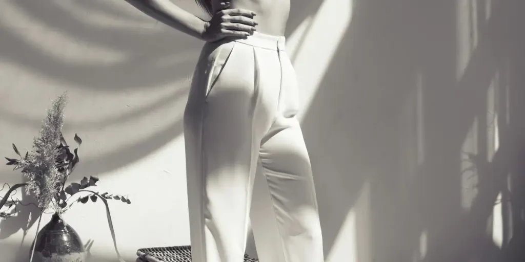 Elegant monochrome fashion photo of a woman posing indoors with striking shadows