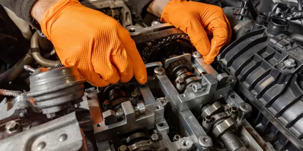 Experience the precision of a skilled mechanic's hands, clad in orange gloves,