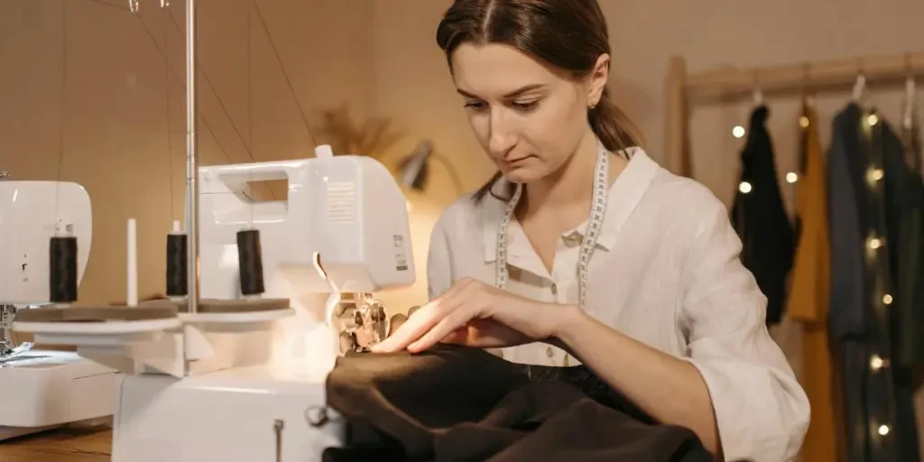 Focused woman sewing black fabric using a sewing machine in a cozy tailoring studio