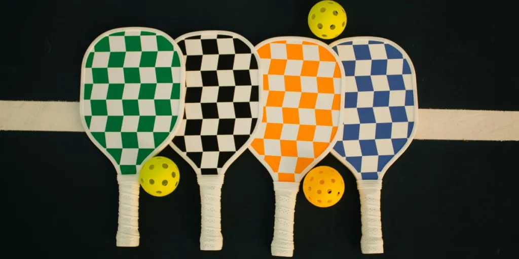 Four checkerboard-patterned pickleball paddles with wiffle balls on a sports court 