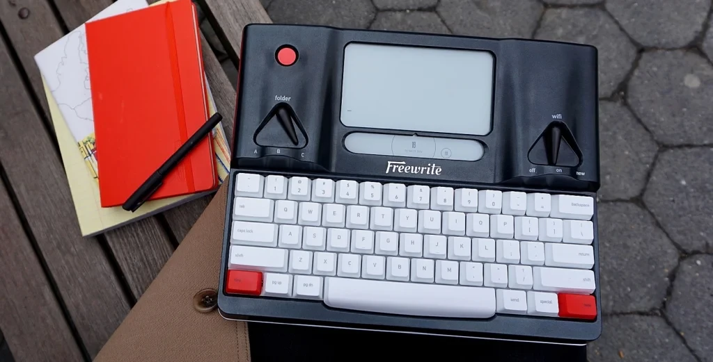 Freewrite typewriter with keyboard and e-ink screen.