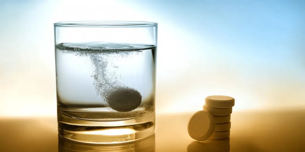 Glass of water with effervescent tablet and pile of pills on the table