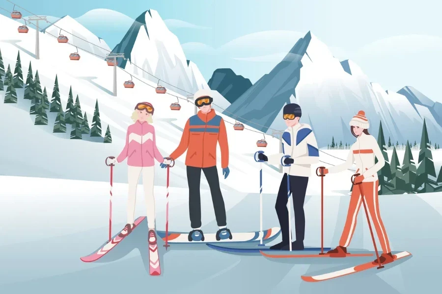 Group of skiers and snowboarder staying still on ground vector illustration with snowy mountain with evergreen forest landscape