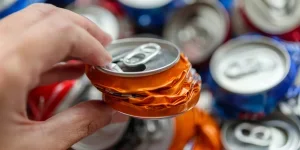Hand hält eine zerdrückte Aluminiumdose