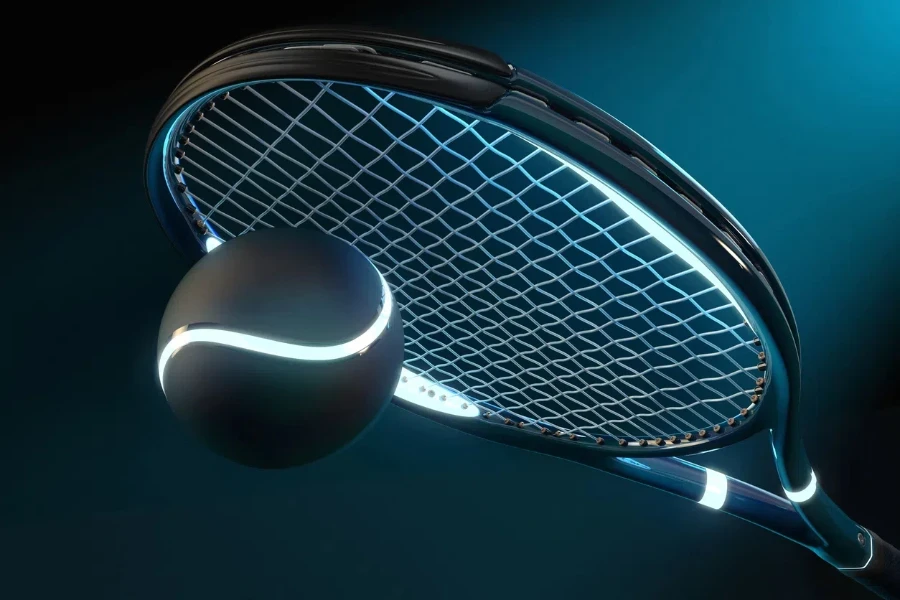 Raket tenis 3D dengan detail tinggi dengan bagian sumber cahaya dan bola tenis di latar belakang gelap dengan gaya futuristik biru