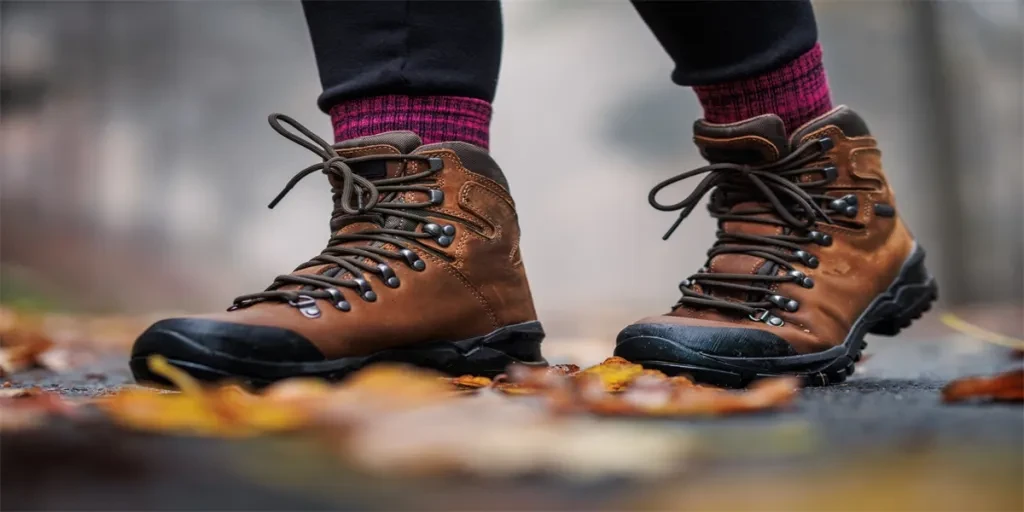 Hiking boot on road with autumn leaves