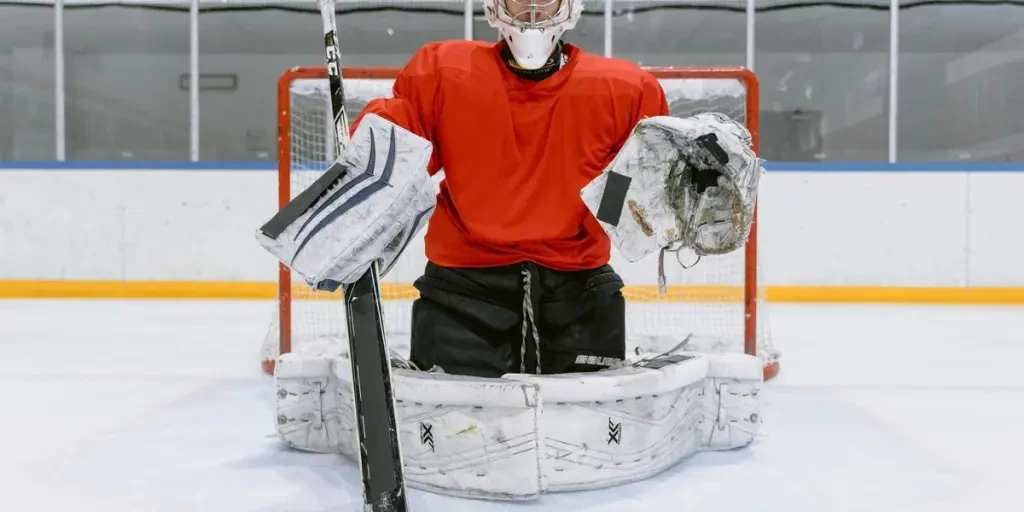 Hockey goalie in red jersey, guarding the net during an indoor game