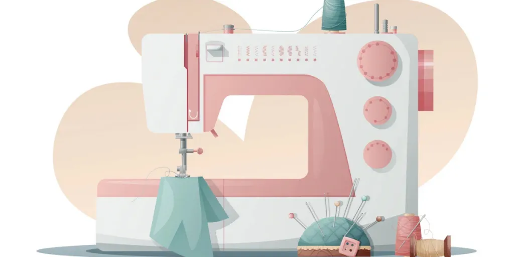 Illustration of a sewing machine with threads and a needle bed on a white background