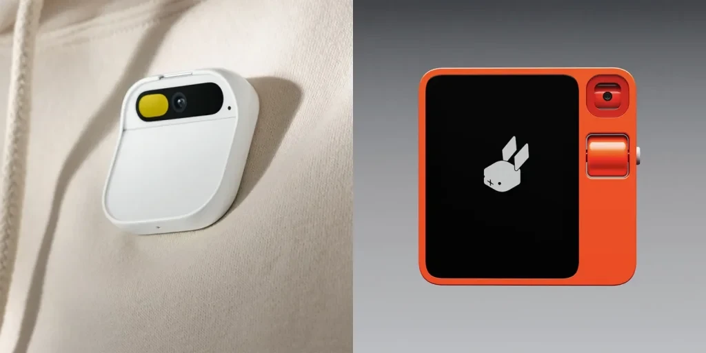 Image showing Ai Pin on the left and Rabbit R1 on the right.