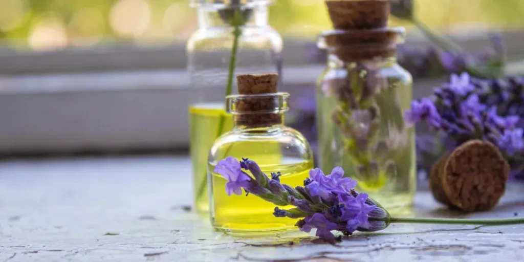 Lavender essential oil in a small bottle