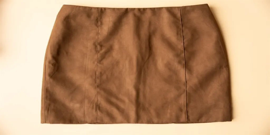 Light brown artificial suede mini skirt lies on a peach color background