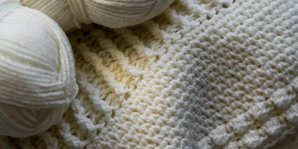 Macro shot of cream wool yarn and knitted fabric showcasing texture and detail