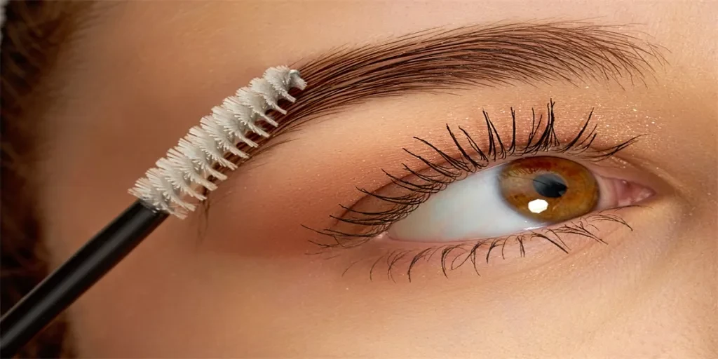 Makeup artist combs eyebrows with a brush