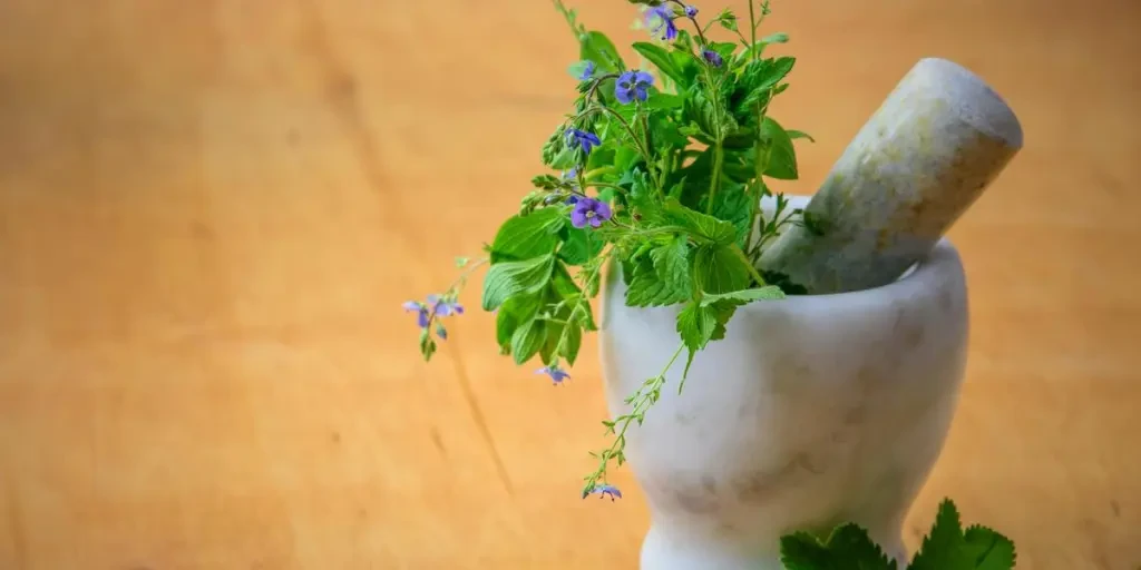 Marble mortar and pestle with fresh herbs and flowers on wooden table enhancing natural health and cooking aesthetics