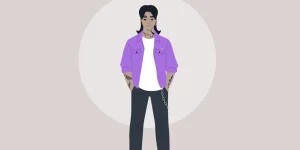 Masculine character stands confidently, dressed in vibrant attire