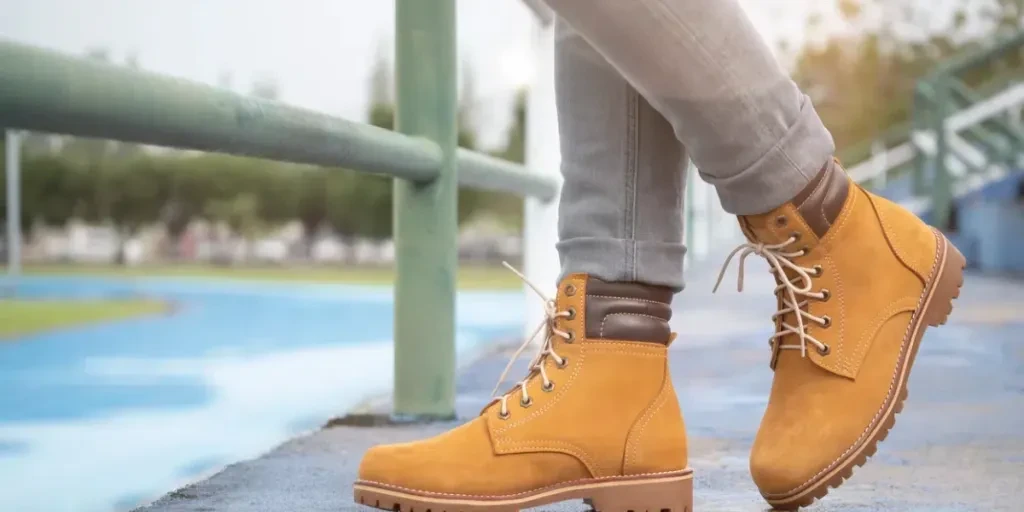 Men fashion in leather boots, Close up view on man's legs in gray jeans and yellow leather boots