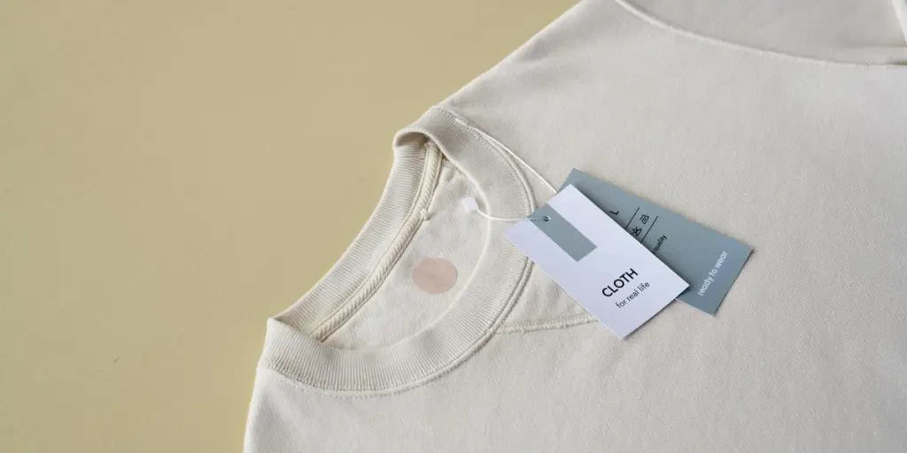 Minimalist beige sweatshirt displayed with tags on a yellow background, perfect for e-commerce