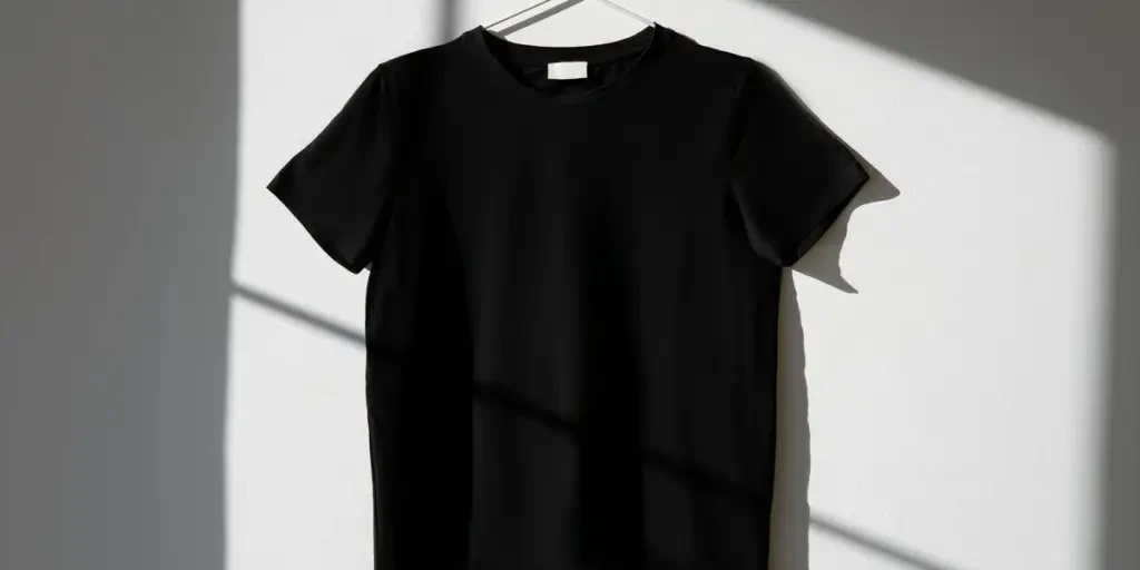 Minimalist image of a black t-shirt on a hanger with dramatic shadows on a white wall