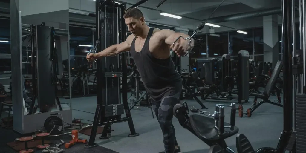 Muscular man working out in the gym using a cable crossover machine