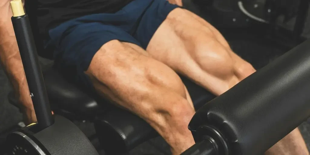 Muscular man working out on a leg press machine indoors, focusing on leg strength