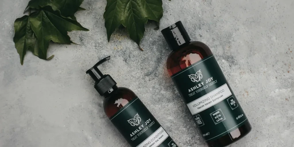 Natural volumizing shampoo and conditioner with green leaves for organic hair care