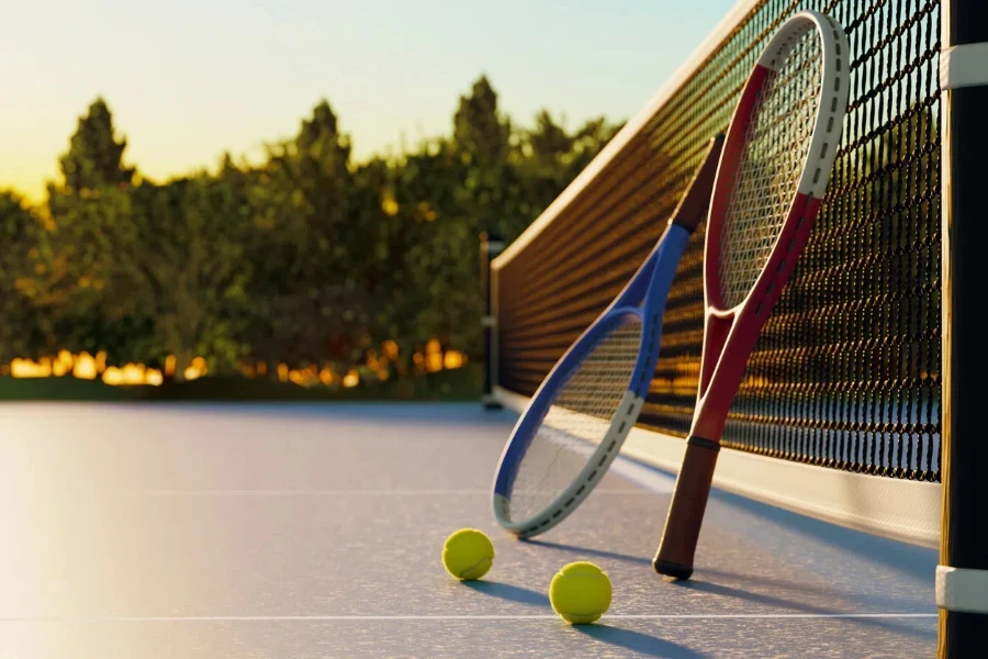 On a sports court near the net there are tennis rackets and balls