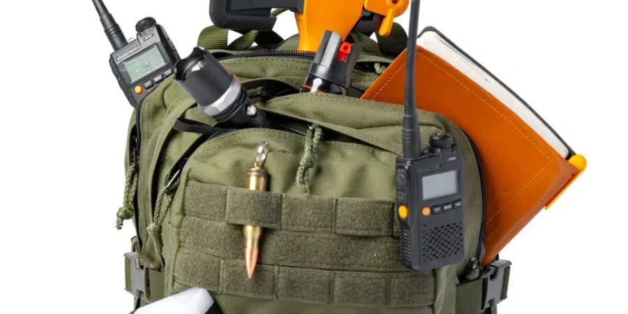 Open military backpack of khaki color on a white background, close up