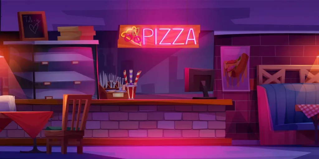 Pizza restaurant interior at night cartoon vector