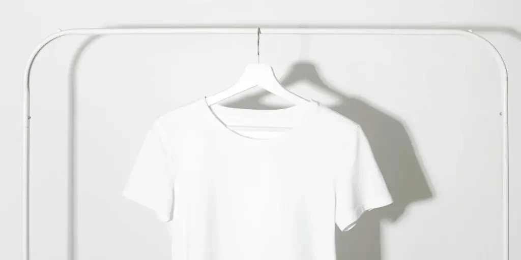 Plain white t-shirt on a hanger against a minimalist white backdrop with shadows