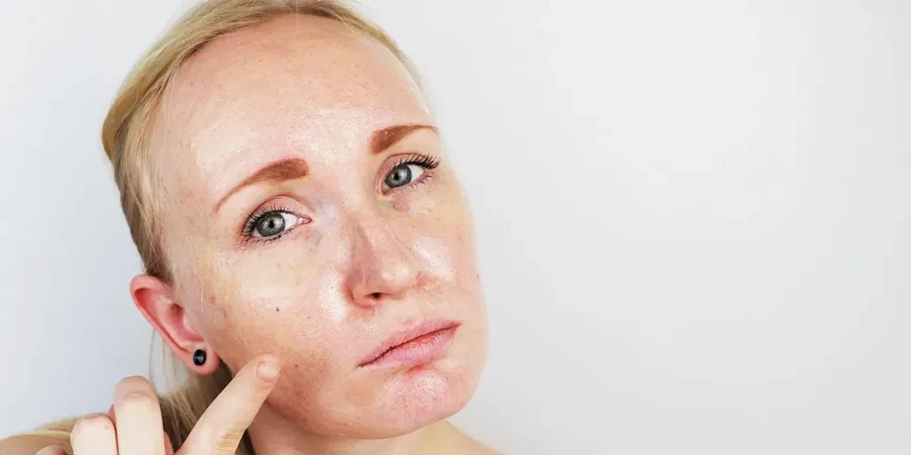 Portrait of a blonde girl with acne, oily skin and pigmentation