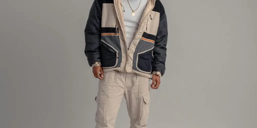 Portrait of a man wearing a trendy jacket and cargo pants in a studio setting